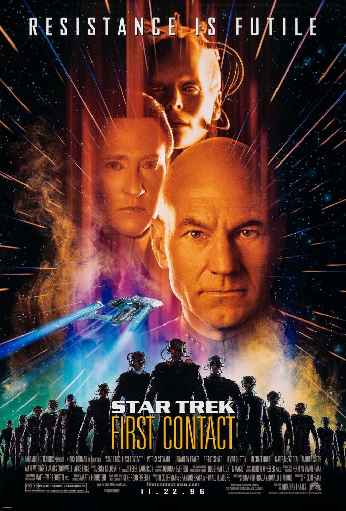 Movie poster for Star Trek First Contact. Images of Picard, Data, and the 
Borg Queen. Resistance is Futile