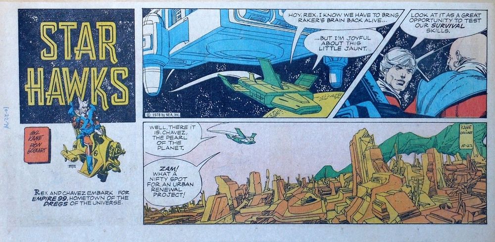 Comic strip panels for science fiction strip Star Hawks by Gil Kane and Ron Goulart. Rex and Chavez embark for Empire 99, hometown for the dregs of the universe.