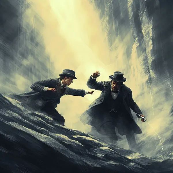 Two men fighting in the mist of a waterfall