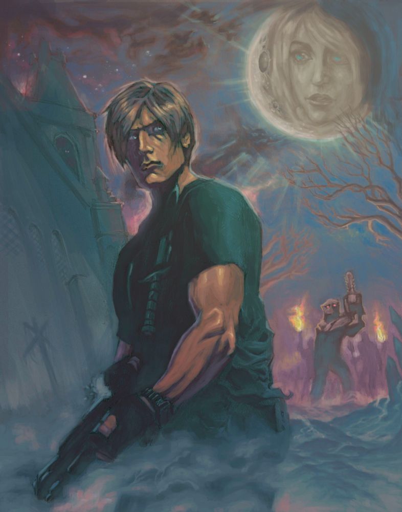 Digital painting of Leon from RE4 with a creepy church and Los Ganados menacing in the background. The moon in the sky has Ashley's face