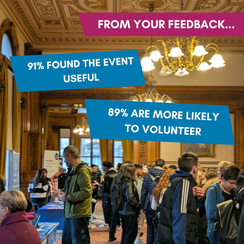 A photograph of another busy stall area in Glasgow City Chambers. Groups of people are walking around and looking at stalls. Text reads "from your feedback... 91% found the event useful - 89% are more likely to volunteer"