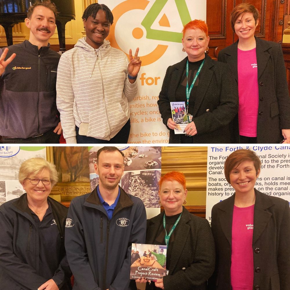 Two photographs, one above the other. The first shows Baillie Annette Christie and the Volunteer Glasgow board chairperson Jo with two team members from Bike for Good. The second shows Baillie Christie and Jo with two team members from Forth & Clyde Canal Society.
