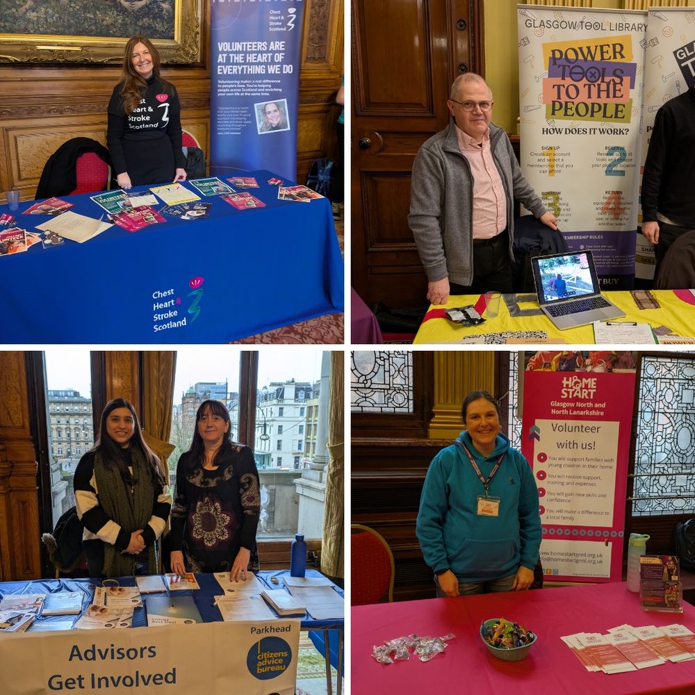 Four photographs of smiling people at their organisation stalls - Chest Heart and Stroke Scotland, Glasgow Tool Library, Parkhead Citizens Advice Bureau, and Home Start Glasgow North.