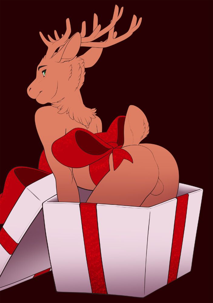 A side-view of a naked reindeer with a ribbow wrapped around his waist like his present. The reindeer is presenting his rear and looking back slyly.