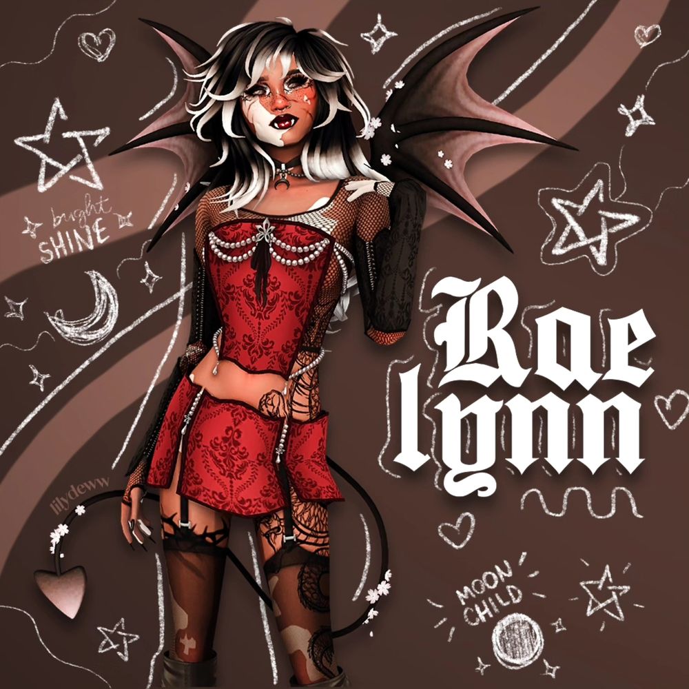 picture of a goth sim. she has bar wings and a tail. she has tan skin and black hair with white tips. she's wearing a red skirt, red corset top, fishnet undershirt, and garters.