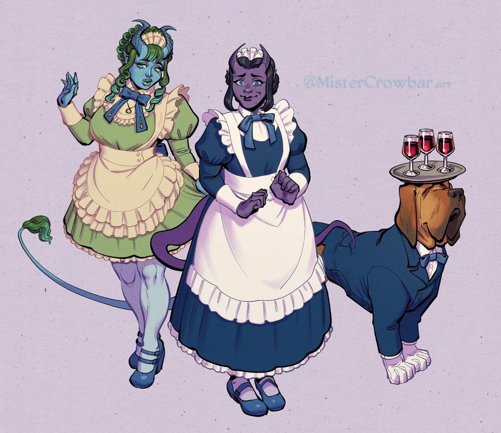 A trio of adventurers in housekeeping disguises: Chanel, a fancy femme tiefling in a frilly pastel maid dress; Holly, a neurotic femme tiefling in a longer, plain maid dress; and Hank, a bloodhound in a suit balancing a plate with three wine glasses on his head. Chanel is posing and smizing for the viewer while Holly is trying very much not to fireball the mansion down instead of having to speak to anyone.