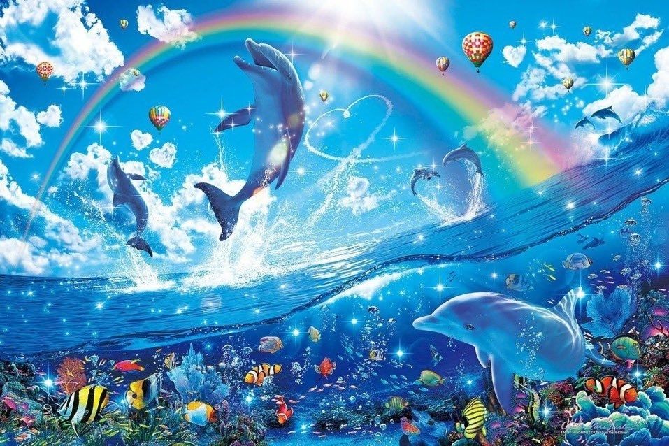 extremely colorful image of the ocean, you can see the sky with a solar flare and a rainbow. In the ocean, dolphins swim and jump playfully amongst other colorful aquatic lifeforms. In the skies, there are colorful hot air balloons and heart shaped clouds.