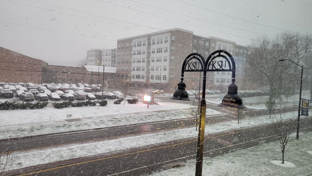 Snow falling and covering sidewalks and vehicles.