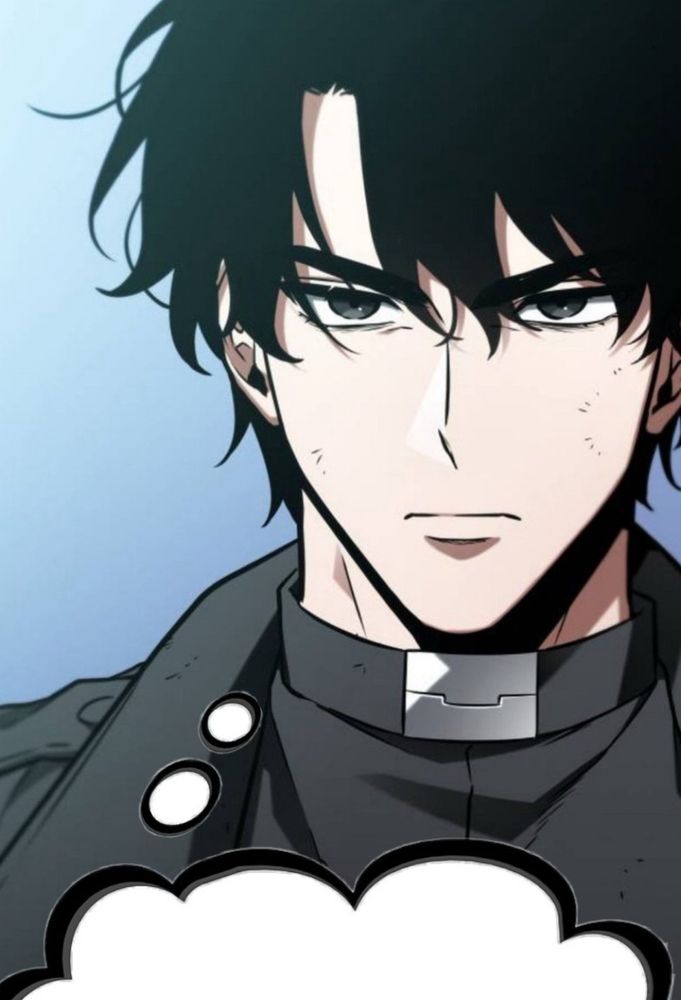 Yoo Joonghyuk from the Omniscient Reader Webtoon with a thought bubble below him, framing the post "Murder Thoughts As Flirting."