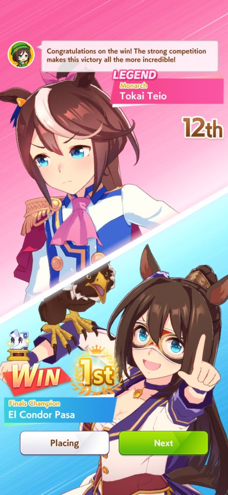 Umamusume: Pretty Derby screenshot showing Legend Race against Tokai Teio results. My character (El Condor Pasa) got 1st and Tokai Teio got 12th.