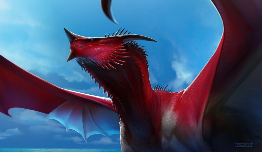 experimental portrait illustration, halfbody, of a red and white dragon under a bright blue sky