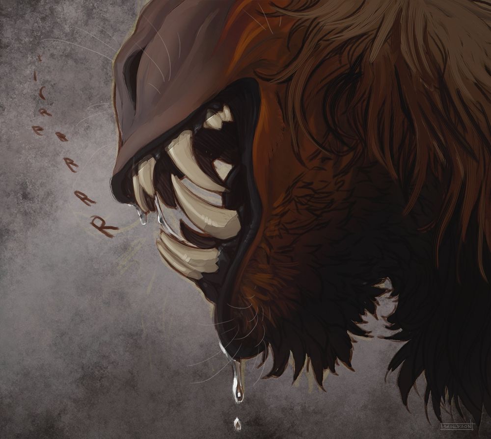 Colored sketch featuring a close-up of a hairy creature with huge sharp teeth. It's various hues of brown for the most part. You can't see its eyes (the focus is on the teeth). It's growling and salivating.
