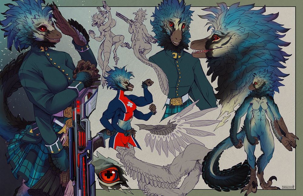 A page of sketches featuring a 4-armed blue raptor anthro with red eyes.