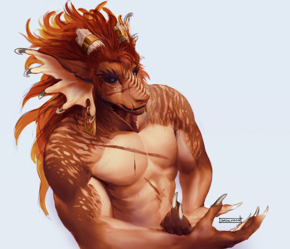 Painterly sketch of a kravosi (Skolly's headworld species) male named Nadamat, from the waist up. He is shirtless and orange with big heavy earrings and lots of scars.