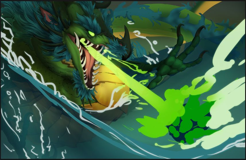 WIP illustration featuring and mostly green eastern-style dragon in the ocean, breathing green fire at an object. Split-water view, his head an arm and part of his body are above water, the rest in below. 