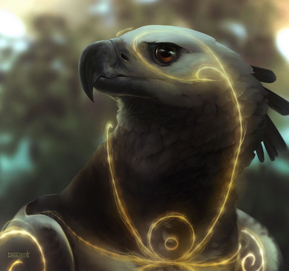 experimental portrait commission, bust, featuring a harpy eagle with swirling golden markings, hazy trees in the background