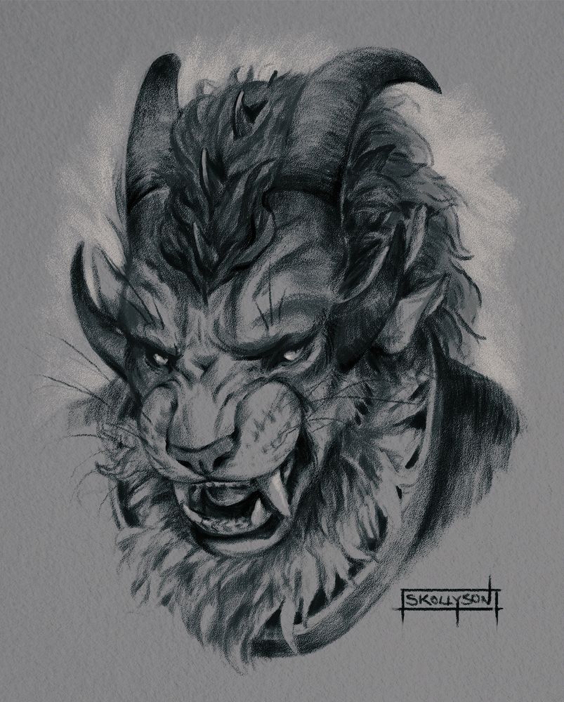 A charcoal style digital drawing of a snarling charr (bust)
