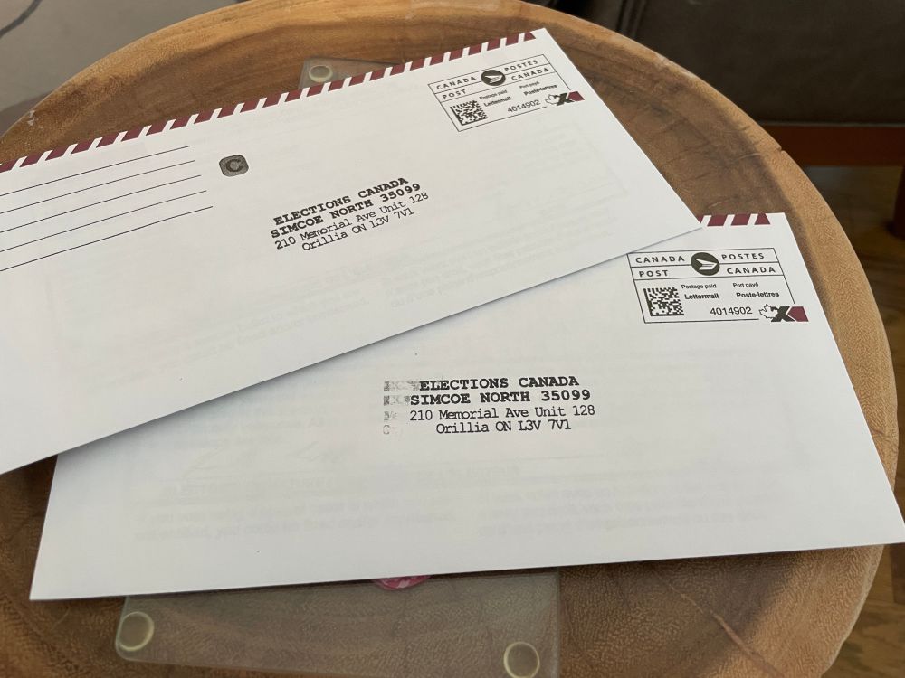 Mail in votes for the 2025 Canadian Federal Election ready to be put in the post