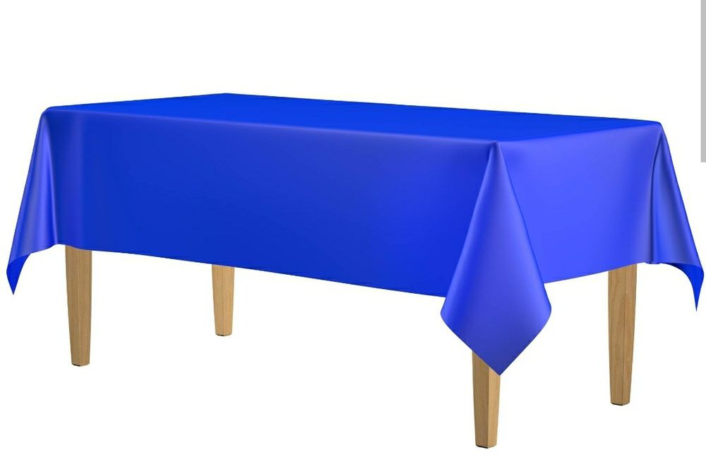 Dark blue plastic tablecloth on a wooden table