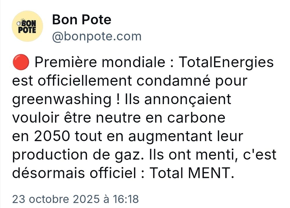 Post de @BonPote.com : Total condamné pour Greenwashing 