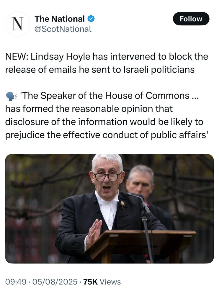 Lindsay Hoyle says he’ll block the release of emails he sent to Israeli politicians because he’s “formed the reasonable opinion” that they shouldn’t be out there