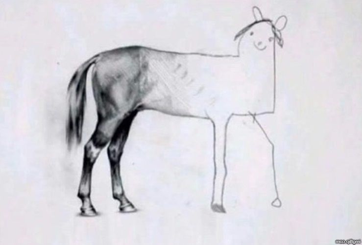 Half and half horse meme, with a great back half and a crap front