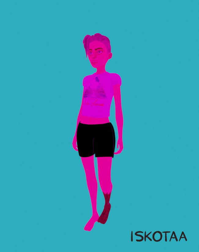 An image of a person lit in pink against a dark teal background. The person is wearing shorts and a tshirt and looking off-camera.