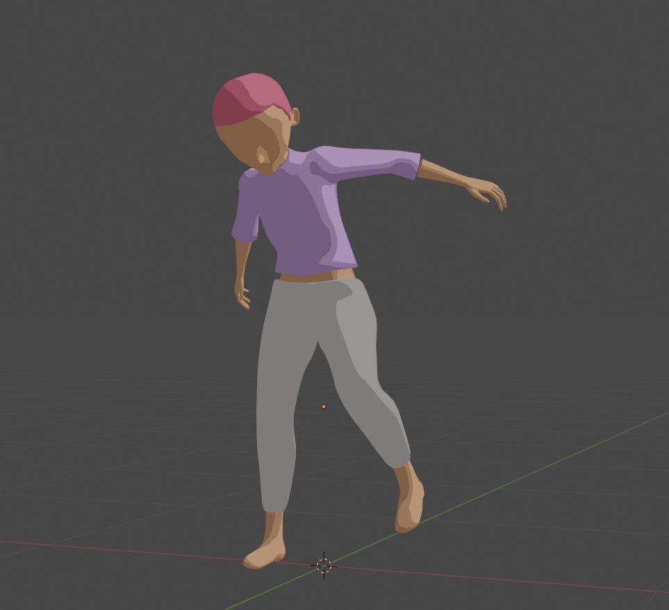 A stylized anime character lifting a knee up to see what they stepped in. They are cell-shaded with a cropped lilac sweater, pink hair, and grey sweats.