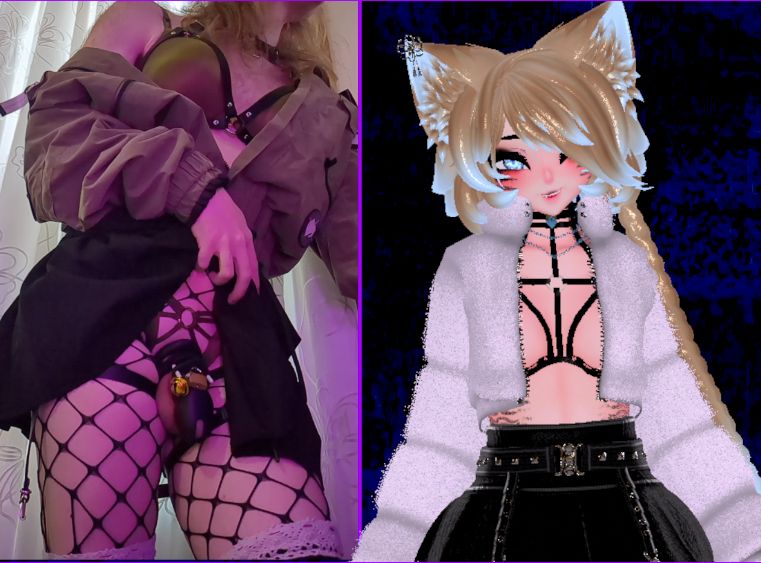 Two images take the left and right sides of the picture. On the left is Tmiah, wearing matching green jacket, bra, black skirt, and crotchless panties exposing their caged cock. On the right is their vtuber with their face visible and winking, wearing similar clothes with a white jacket and no bra.