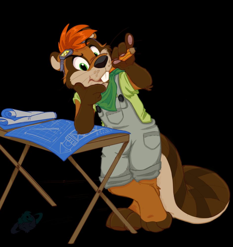 A beaver/coon hybrid standing at a drafting table, chewing a pencil and designing a treehouse.