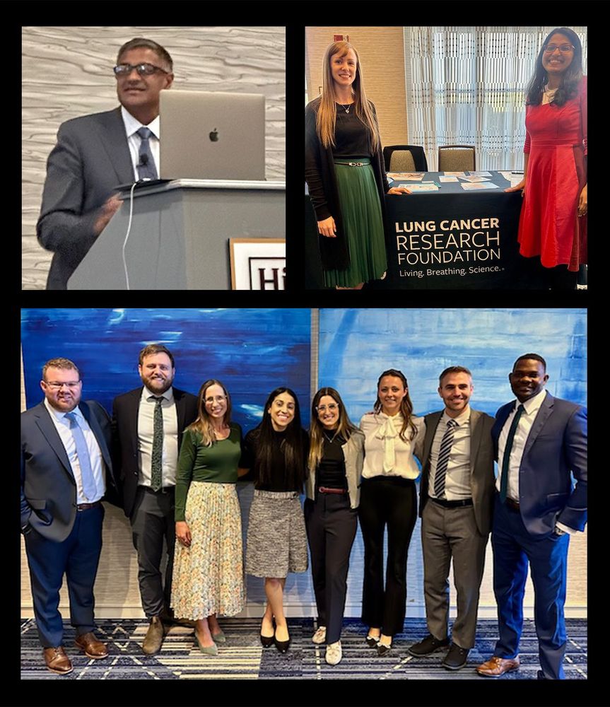 Collage of 3 photos. Top left photo is keynote speaker Dr. Ramesh Rengan. Top right photo shows Natalie Reilly-Finch and Dr. Devika Das at a table for the Lung Cancer Research Foundation. Bottom photo is a group of 8 doctors.