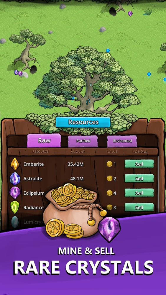 A screenshot of a mobile game showing magical crystals as resources for sale