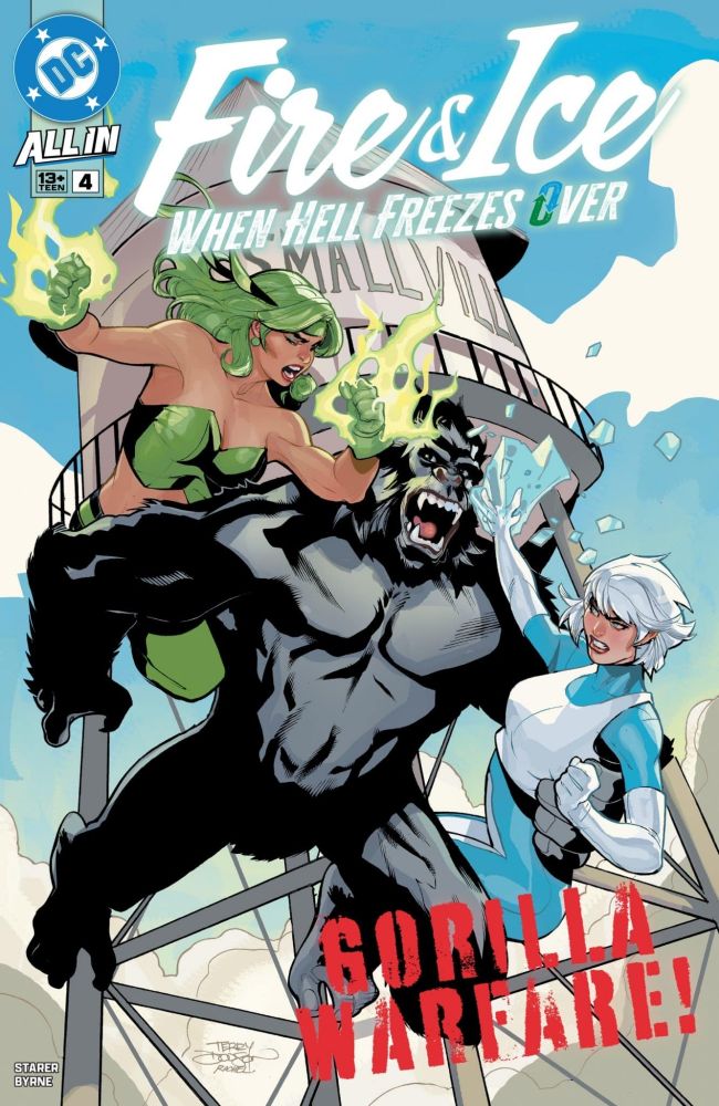 Fire & Ice fight Gorilla Grodd on the cover of Fire & Ice: When Hell Freezes Over #4. Art by Terry and Rachel Dodson. 