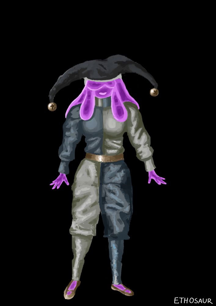 A pink slimegirl with drooping bangs and a jester hat, shes also wearing baggy crinkly clothing that is grey & blue, and a golden band around her waist, along with gold slippers