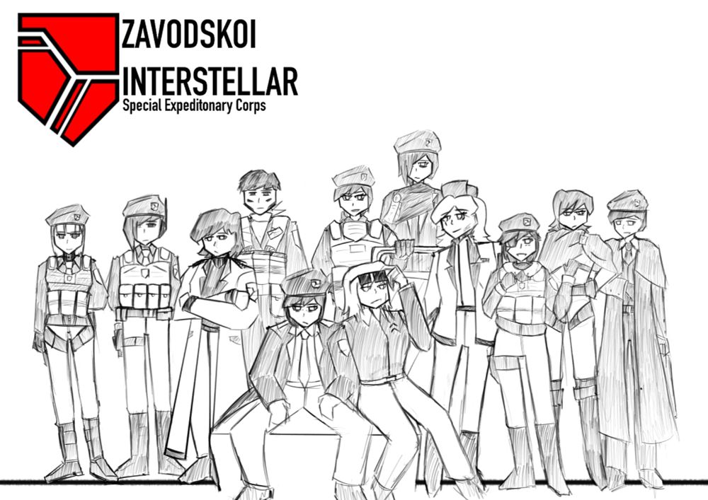 A group sketch of my OC's, on the top right corner is the name of their corporation 'Zavodskoi Interstellar' - and they are labelled the Special Expeditionary Corps