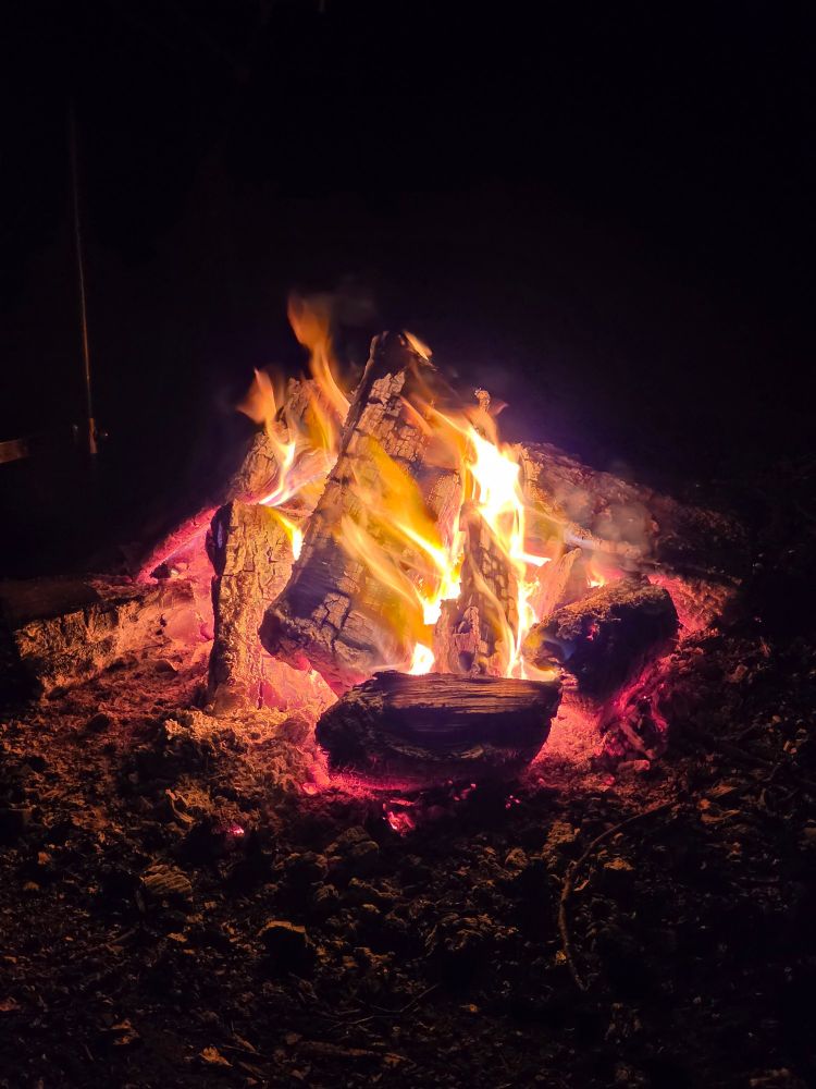 Das Bild zeigt ein Lagerfeuer in der Nacht. Das Feuer brennt hell und besteht aus mehreren Holzscheiten, die in einem Haufen angeordnet sind. Die Flammen sind orange und gelb und züngeln lebhaft nach oben. Die Holzscheite sind teilweise verkohlt, und an den Rändern glüht es rot. Der Boden um das Feuer herum ist Erde mit etwas Asche und kleinen Holzstücken. Der Bereich um das Feuer ist dunkel, sodass das Licht des Feuers die Hauptlichtquelle ist und die Umgebung in ein warmes, flackerndes Licht taucht. Im Hintergrund ist fast nichts zu erkennen, da es so dunkel ist, aber es scheint eine natürliche Umgebung wie ein Garten oder ein Wald zu sein. Die Szene wirkt gemütlich, aber auch etwas wild.