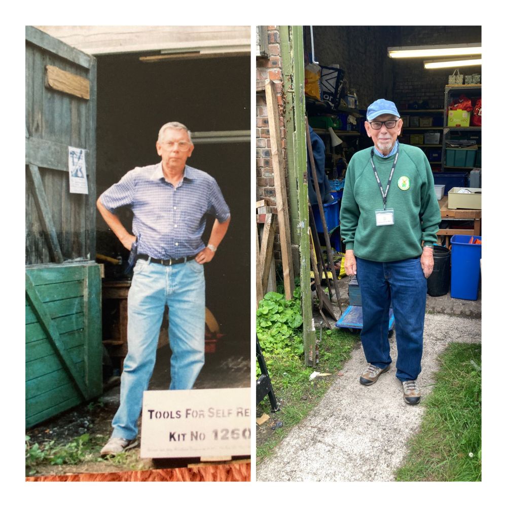 A 'then and now' photo.
On the left a man (Rod) wearing a checked short sleeve shirt, hand on hips, and blue jeans, standing outside a big shed in 2001. On the right, Rod again, but taken this year wearing a blue cap, a green jumper and blue trousers standing outside a shed/workshop.

Rod co-founded the Bristol Tools for Self Reliance volunteer group back in 2001, starting out in the Kingswood Heritage Museum. In 2002, they produced their very first kit - a small joinery kit with 21 tools sent to Zimbabwe.

Since those early days, the Bristol group has gone from strength to strength, producing over 240 kits and refurbishing nearly 17,000 tools, many with Rod’s dedicated involvement.

It’s a fantastic example of the impact local volunteer groups can have!



