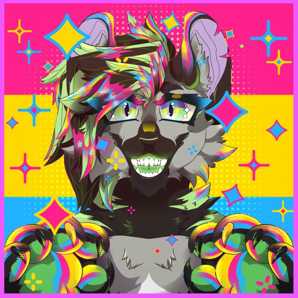 Pride badge of my grey and black striped hyena character with green highlights grinning brightly with his green paws showing, his hair mixed with the colors of the pansexual flag. Sparkly stars surround in the same colors as well as the pan flag behind him.