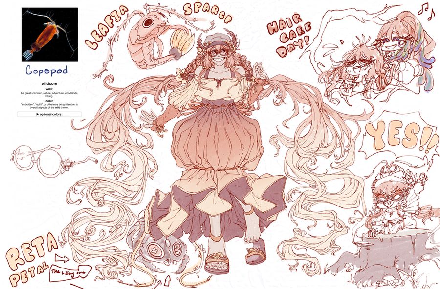 Drawing of a character design based on the sea creature Copepod, which although they have variants of copepod, I went with whatever popped up first lol. There is also more little doodle on this page of her character and one character interactions with Mandarin Grunge.