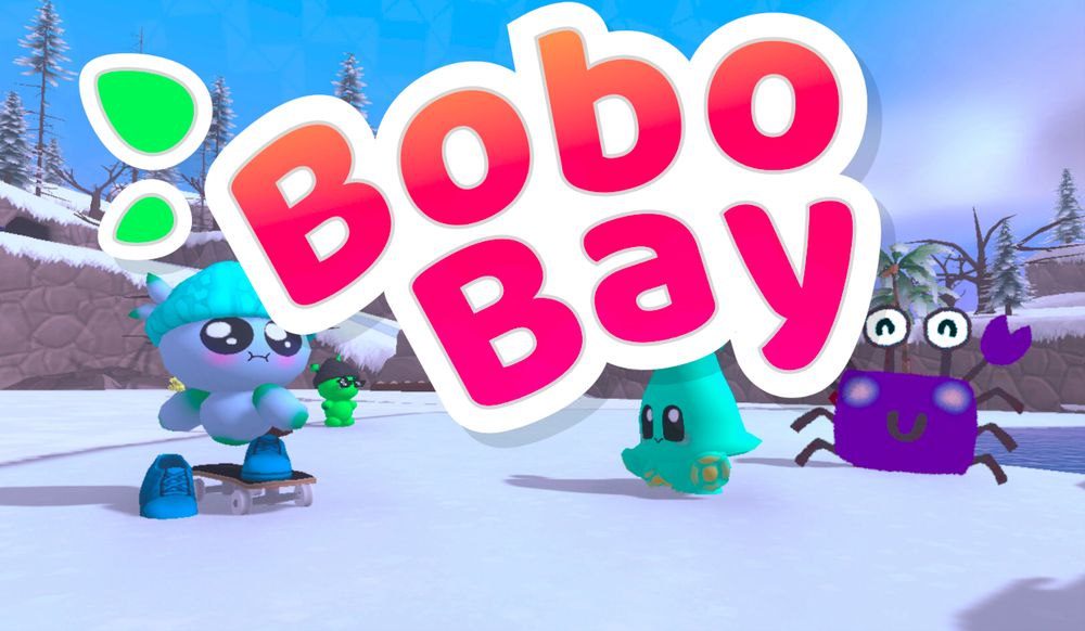 Little round creatures presumably called "bobos" play in a snowy area surrounded by rocky cliffs. The logo for "Bobo Bay" takes up much of the picture.