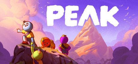 A picture of four round guys struggling up a mountain. One of them has fallen off a cliff and another is trying to pull them back to safety. "Peak" is written in the sky.