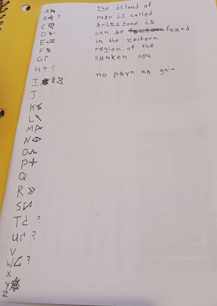 A photo of my work cracking a replacement cipher last stream. This took like 30 minutes, not counting time spent finding signs written in both the cipher letters and English.