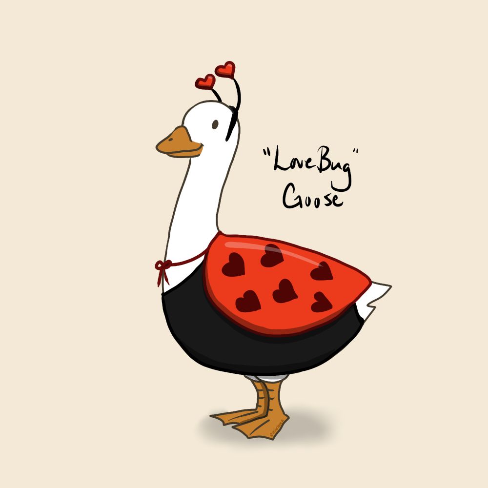 A white goose dressed up as a ladybug with hearts for spots and antennae 