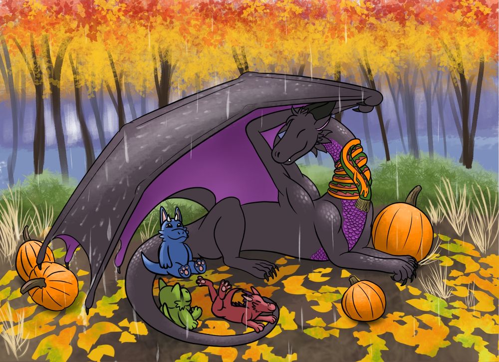 Dragon spreads her wing out to shelter three kobolds while it rains. It's an autumn scene with colorful leaves and pumpkins. 

Tags for art feed: #Dragon #Art 