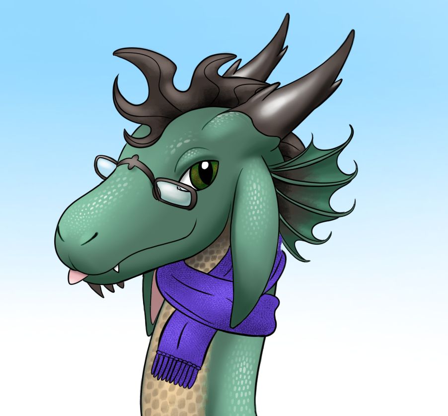 Dragon wearing a scarf and glasses. Only a small part of his long neck is actually being kept warm by the scarf. 