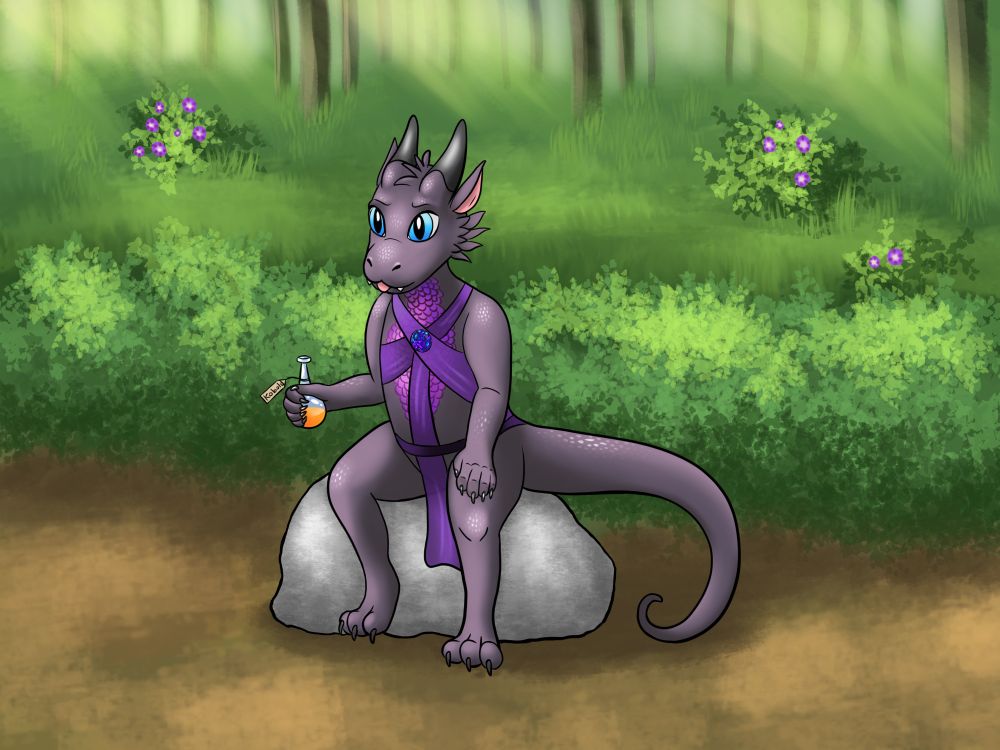 This is my OC Gloria transformed into a kobold (like a dragon but smaller and without wings). She sits on a rock with a forest in the background. Bushes are blooming with morning glory flowers. She holds a bottle of orange potion with a tag on it that says "kobold". She's wearing some purple silks and a diamond on her chest. Her facial expression says that maybe she doesn't like the taste of the potion, but she's willing to keep taking more for now since she wants to be a kobold for a little longer. 