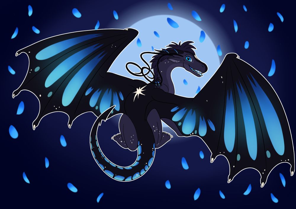 Dragon with back facing viewer and wings spread out. Blue flower pedals are in the air and there's a circle in the background that could be a full moon. 