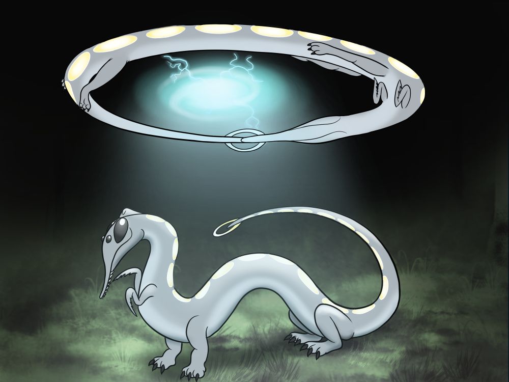 A dragon alien species. Above its biting its tail and flying in a circle. The one below is standing in a patch of grass at night. They have bioluminescent circles on their back. 