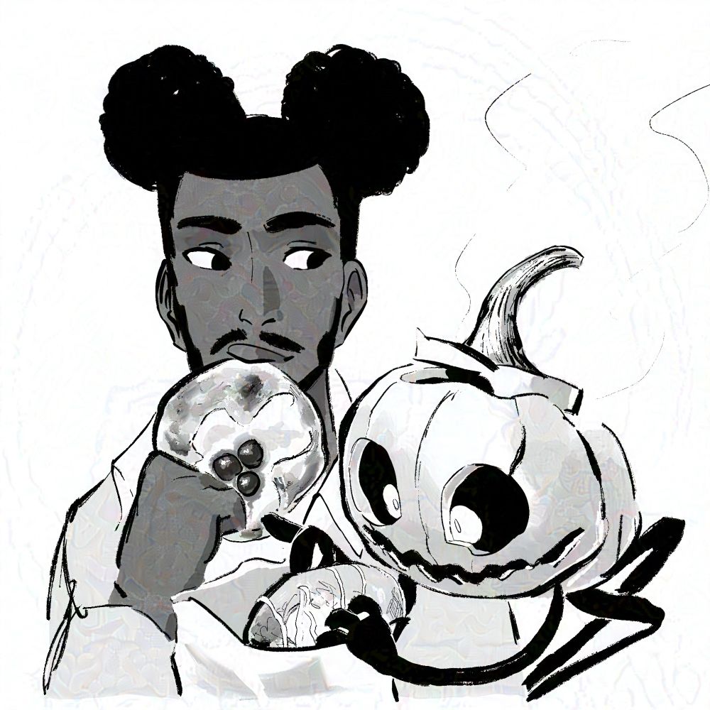 A black-skinned man shares pastries with a spidery, sinisterly-sweet pumpkin creature.
