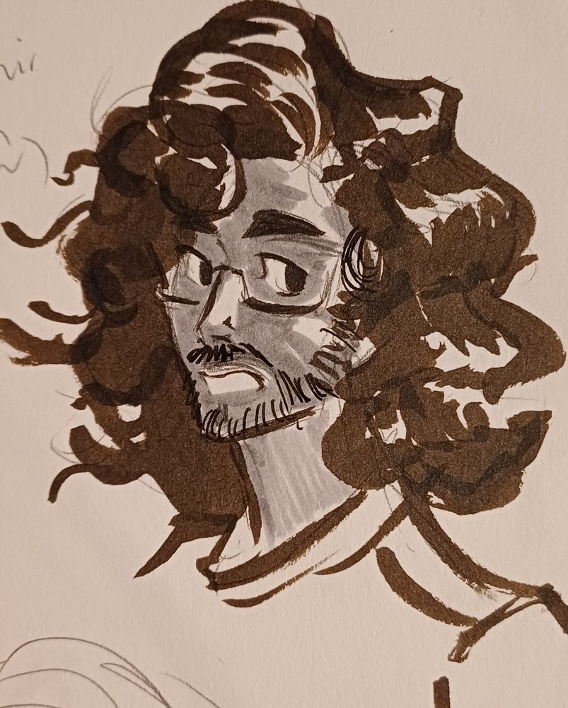 Rough sketch of south-east Asian youth with long, shiny black hair, glasses, and scruffy facial hair.